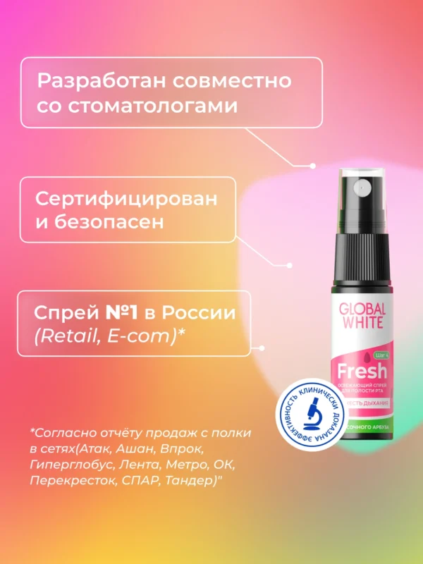 Спрей освежающий для полости рта GLOBAL WHITE Fresh, со вкусом арбуза, 15 мл — изображение 3