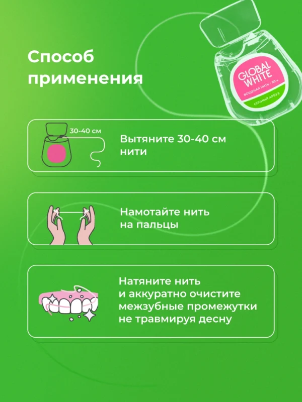 Зубная нить GLOBAL WHITE со вкусом арбуза, 50 метров — изображение 6